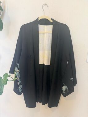 Vintage Black Kimono Jacket with Teal & Cream Embroidery
